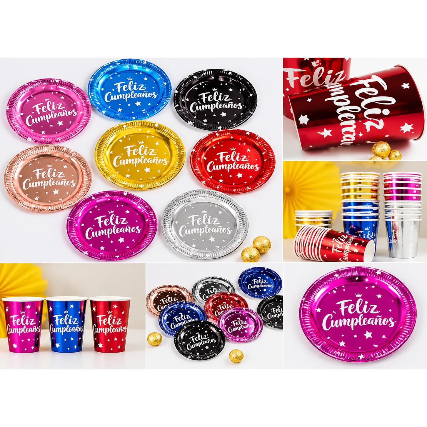 Combo Platos y Vasos Estampados Feliz Cumpleaños